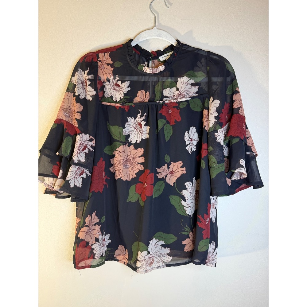 Monteau Los Angeles Floral Ruffle Sleeve Sheer Blouse Women's M Boho Cottagecore
